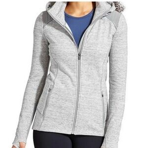 Athleta Stronger Jacket Women’s M Gray Hooded Full Zip Fleece Backed Travel Run